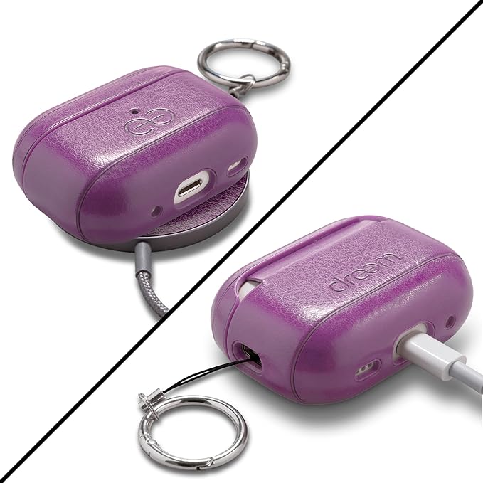 Dreem Om Case Cover with Keychain Clip Compatible with AirPods Pro 2/Pro, Protective One-Piece Hard Shell, Luxury Vegan Leather AirPod Pro Case 2nd/1st Generation with Separate Clip [Purple]