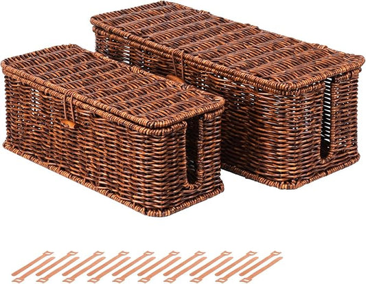 BROWNLILY Rattan Wire Storage Box, Handmade Cord Organizer for Desk Cord Hider Outlet Covers Baby Proofing for Power Strip TV PC Router Charger Under Desk Cable Management Box