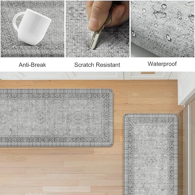 KIMODE Anti Fatigue Kitchen Mats for Floor, Boho Oriental Kitchen Rugs Sets of 2, Padded Kitchen Floor Mats Non Slip, Cushioned Standing Mats for Sink, Laundry, Desk Grey 20"x47"+20"x32"