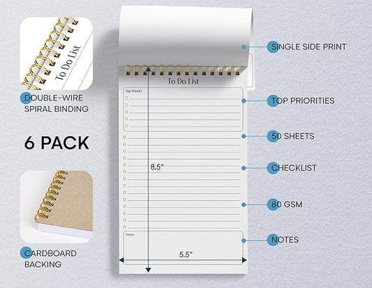 Better Office Products To Do List Mini Notepads, 5.5" x 8.5", Planning Note Pads, 50 Sheets Per Pad, Double Wire Spiral, Daily Agenda Productivity Checklist Organizer (6 Pack)