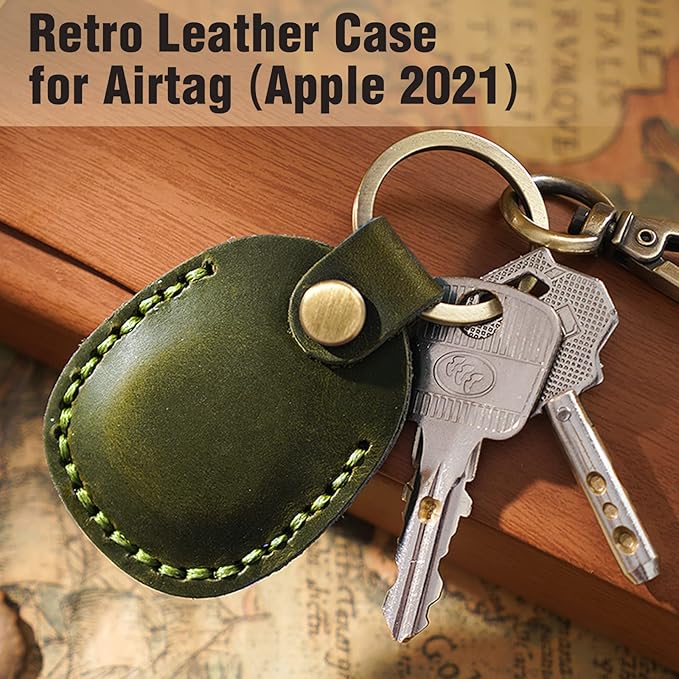 for Airtag Holder, Portable Genuine Leather Airtag Keychain with Key Rings Full Coverage Air Tags Hidden Case Cover Compatible with AirTags Olive Green