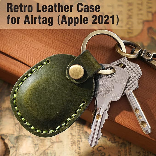 for Airtag Holder, Portable Genuine Leather Airtag Keychain with Key Rings Full Coverage Air Tags Hidden Case Cover Compatible with AirTags Olive Green