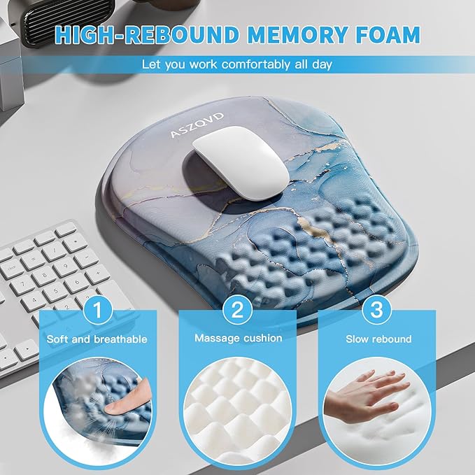 Mouse Pad with Wrist Rest, Ergonomic Mousepads with Wrist Support, Soft Lycra Fabric Memory Foam Office Desk Accessories for Comfort/Pain Relief/PC Gaming/Computer/Laptop (Pink Cyan Marble)