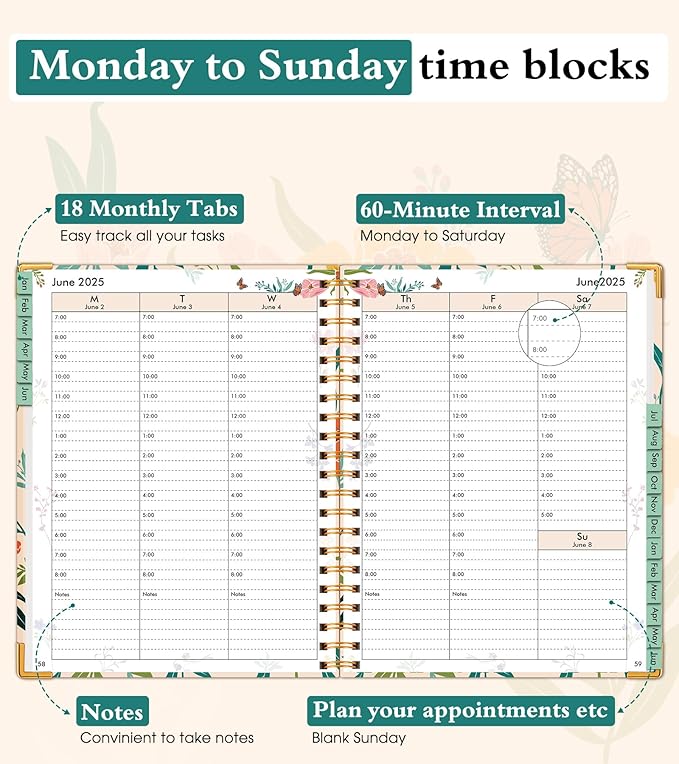 2025-2026 Appointment Book, Academic Planner 18 Months Weekly and Monthly (July 2025 - December 2026), 8.5"x11" Daily Hourly Planner 60-Minute time Slots, Spiral Calendar Schedule Book for Work School Teacher Student, Orange Floral