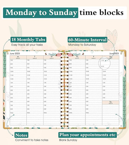 2025-2026 Appointment Book, Academic Planner 18 Months Weekly and Monthly (July 2025 - December 2026), 8.5"x11" Daily Hourly Planner 60-Minute time Slots, Spiral Calendar Schedule Book for Work School Teacher Student, Orange Floral