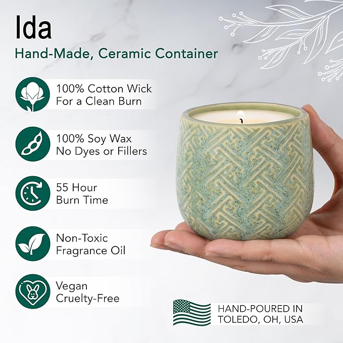 The Growing Candle, Sandalwood & Vanilla Scented, 10oz Ceramic Pot, Aromatherapy Candles for Home, 100% Soy, Ida
