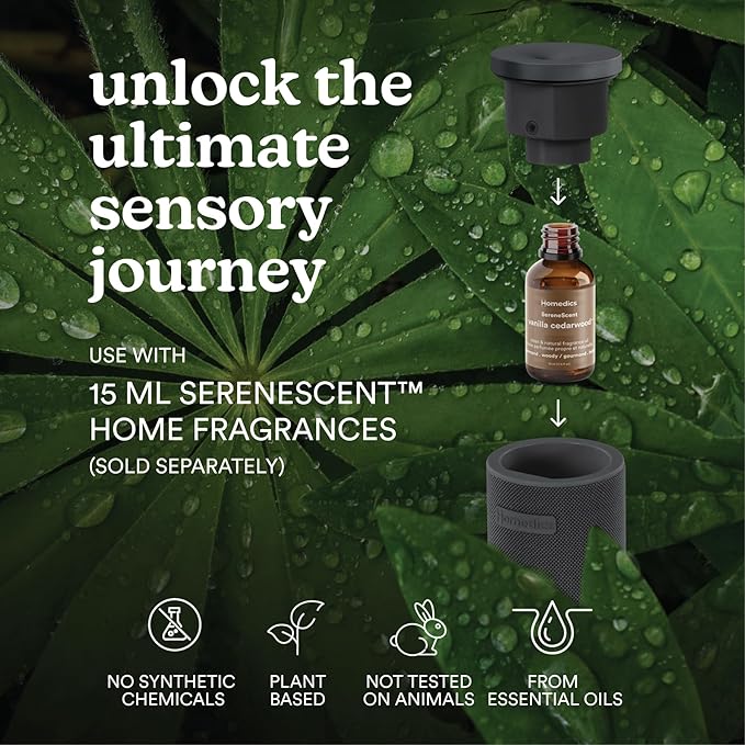 Homedics SereneScent Mini Fabric Rechargeable Waterless Diffuser, Cordless Aromatherapy Device, Use with SereneScent Oil 15ml (Sold Separately), Adjustable Mist Intensity & Ambient Light, Charcoal