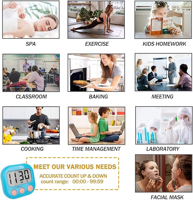 Digital Kitchen Timer, Big Display Screen, Loud Alarm, Strong Magnetic Backing Stand, Cooking Baking Kids Classroom Teacher Game Timers, Minute Seconds Count Up Countdown and Simple Operation(4 Pack)