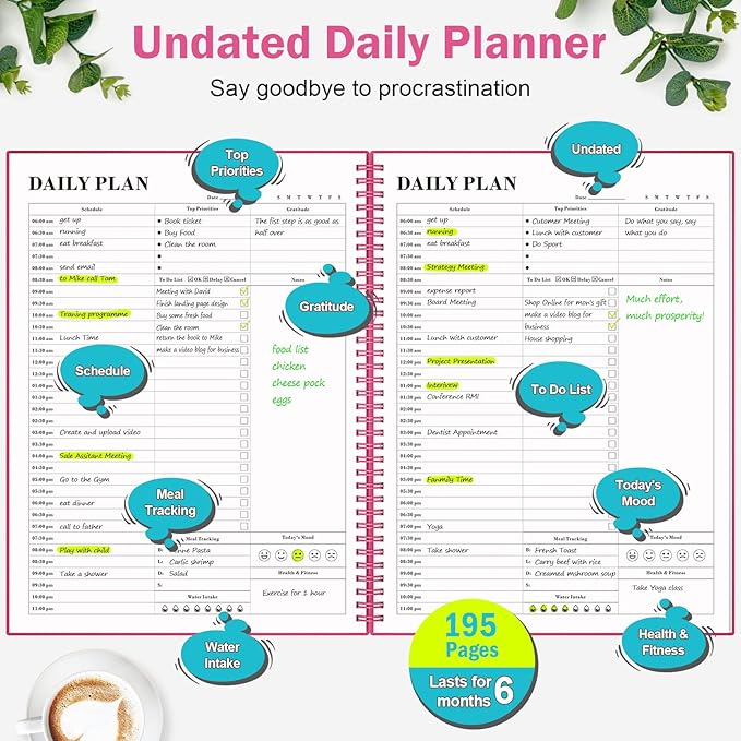 Planner Undated, Asten Daily Planner Agenda with to Do List, Hourly Schedules for Women and Men, Spiral Appointment Book with Elastic Closure, Inner Pocket 8.5" x 11" (Pink)