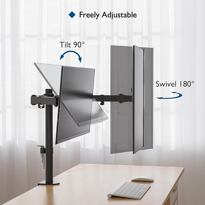 BONTEC Dual Monitor Desk Mount, Full Motion Adjustable Monitor Stand for 13–27 Inch Screens, Heavy Duty Arms Hold Up to 22 lbs Each, VESA 75x75/100x100 mm, C Clamp and Grommet Base, Cable Management