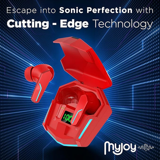 MyJoy Cool Wireless Gaming Earbuds, Bluetooth 5.3 Noise Cancelling Earbuds with Mic, Low Latency, LED Light Charging Case – Red