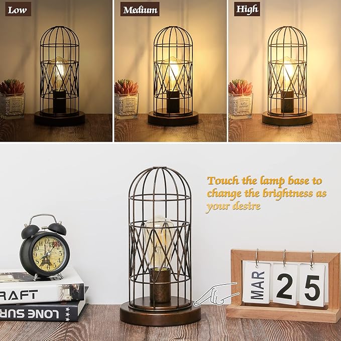 Small Touch Lamp, Industiral Bedside Table Lamps with Antique Bronze Cage, 3 Way Dimmable Nightstand Steampunk Edison Lamp for Bedroom Living Room Kitchen, LED Bulb Included