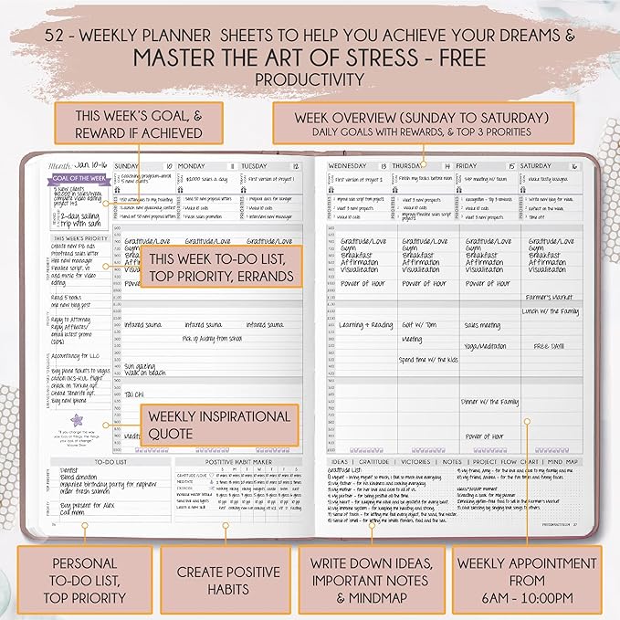 Life Planner - Undated Weekly & Monthly Planner, 12-Month Journey to Increase Productivity | Gratitude Journal, Life Organizer & Goal Journal | Include Foldable Vision Board, Habit Tracker & Stickers