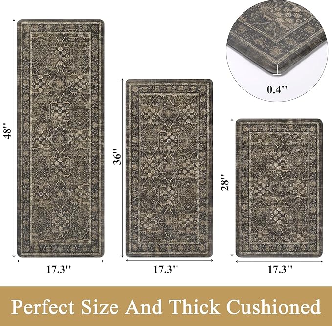 Pauwer Anti Fatigue Kitchen Mat Set of 3 Non Slip Kitchen Mats for Floor Cushioned Kitchen Rugs Comfort Standing Mat Farmhouse Waterproof PVC Foam Kitchen Floor Mat Runner, Taupe