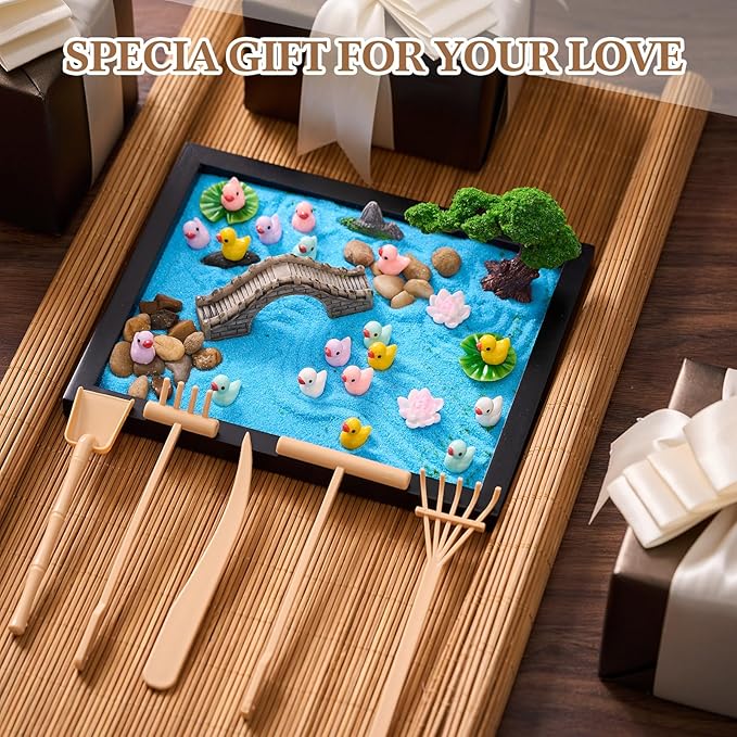 Soulchen Zen Garden Kit for Desk Decor Zen Sand Garden Box Set with Black Wooden Tray, Blue Sand, Tools & Accessories Japanese Gifts for Desktop Meditation Room Office Home(Duck)