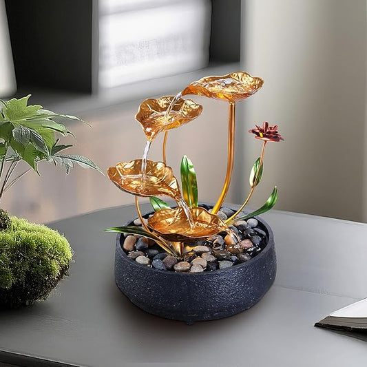 Tabletop Fountain Metal Lotus Circulating Fountain Water Feature for Zen Home Decor Warm Yellow Scene Light(23034)