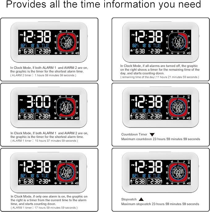 Digital Dual Alarm Clock for Bedroom,Visual Timer Clock for Kids,Dual Display Countdown Stopwatch Timer Dual Alarm Clock, Time Management Station for Homeschooling Teaching Home Kitchen Office (White)