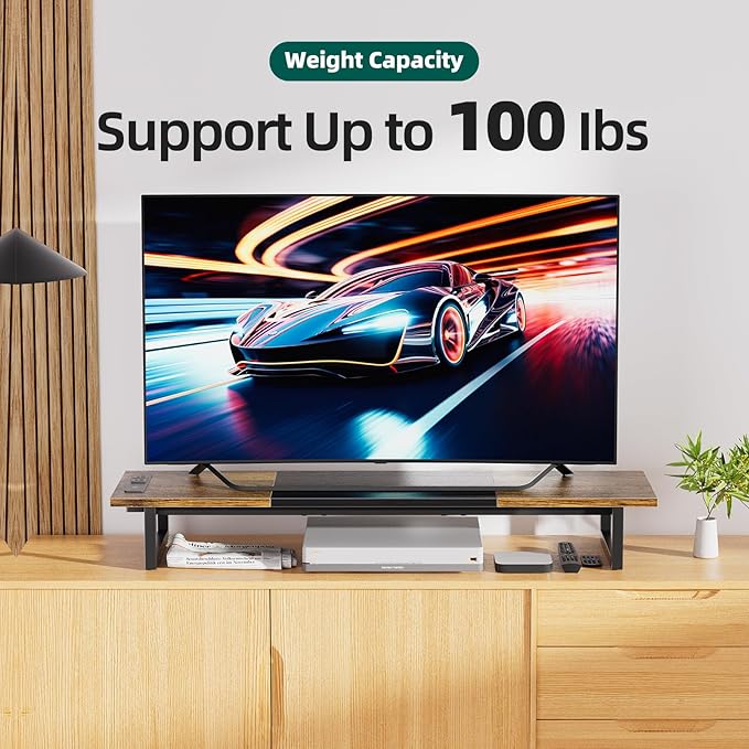 Simple Trending Dual Monitor Stand Riser with 2 USB Charging Ports, Wood Computer Desk Organizer for 2 Monitors, Extra Long TV Stand for Laptop Office, iMac