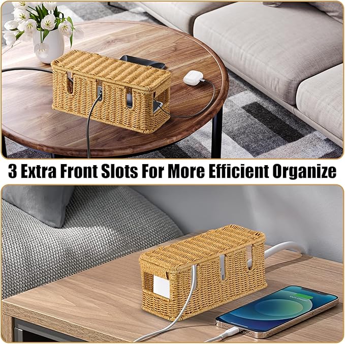 Handmade Cable Management Box,Imitation Rattan Cord Organizer with Lid,Extra 3 Open Slots Cord Hider for TV Wires Computer Router USB Hub,Cable Organizer Box to Hide Cords and Power Strips