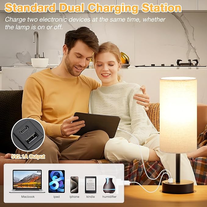 Beige Touch Lamp for Bedroom with USB - 3 Way Dimmable Table Lamp for Nightstand, Small Lamp with Black Charging Station for Desk Dorm, Office, Nursery