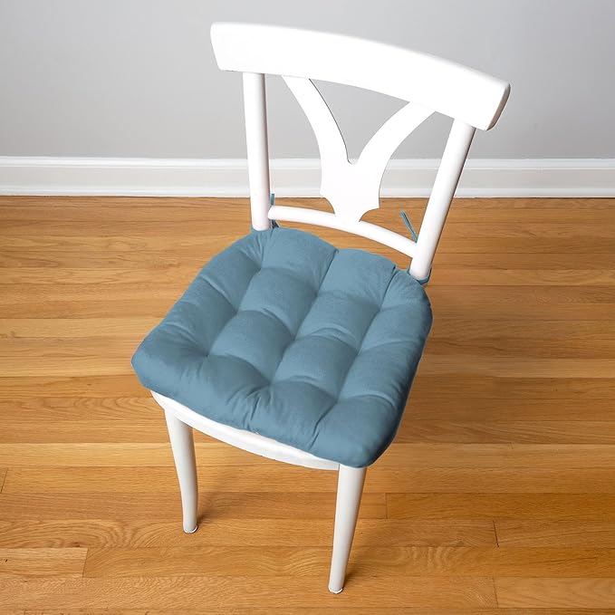 Barnett Home Decor Cotton Duck Bluebell Dining Chair Pad with Ties - 15 x 17 Size Small Chair Cushion - Latex Foam Fill - Machine Washable 100% Cotton, Made in USA (Colonial Blue/Small)