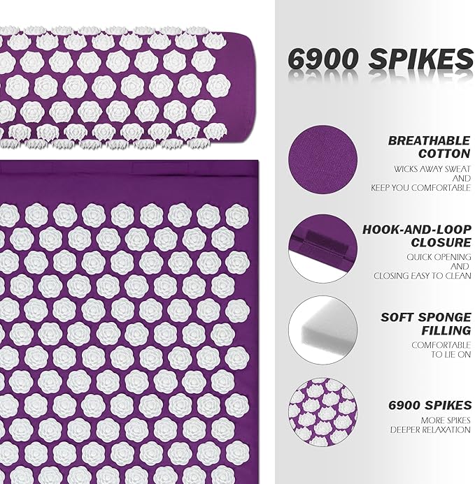 LadyRosian Acupressure Mat and Pillow Set with Oxford Bag, for Neck Back Pain, Muscle Relaxation Stress Relief, Relieve Sciatica and Pain Relief Set (Purple)