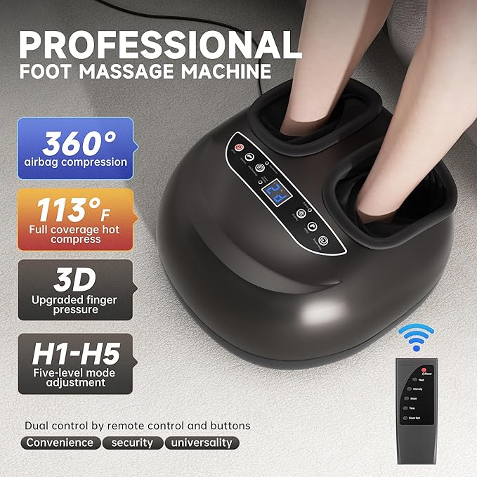 Foot Massager Machine with Heat,Shiatsu Foot Massager Home with Air Compression,Adjustable Electric Massager Machine for Feet Office,Wireless Control,DIY Gifts Draw Patterns for Man &Women,Black