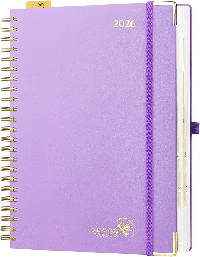 POPRUN 2026 Daily Planner One Page A Day - [A4 Large Size 8.25" x 12" -Spiral Hard Cover], Agenda 2026 Hourly Appointment Book with Monthly Calendar, Pen Holder, Ivory Paper -Violet