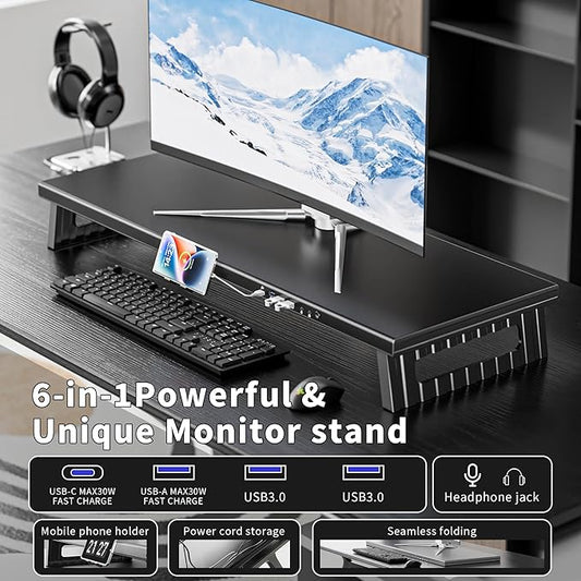 All-Metal Foldable Monitor Stand with 28cm Wide Desktop,, Headphone & Mic Jack, Detachable Phone Holder, (USB Hub Fast Charging Version, 760mm)