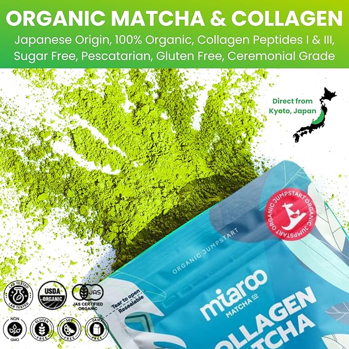 Miaroo Ceremonial Grade Matcha Green Tea Powder (50g) | Certified Organic Japanese Matcha with Collagen (Premium Wellness Blend)
