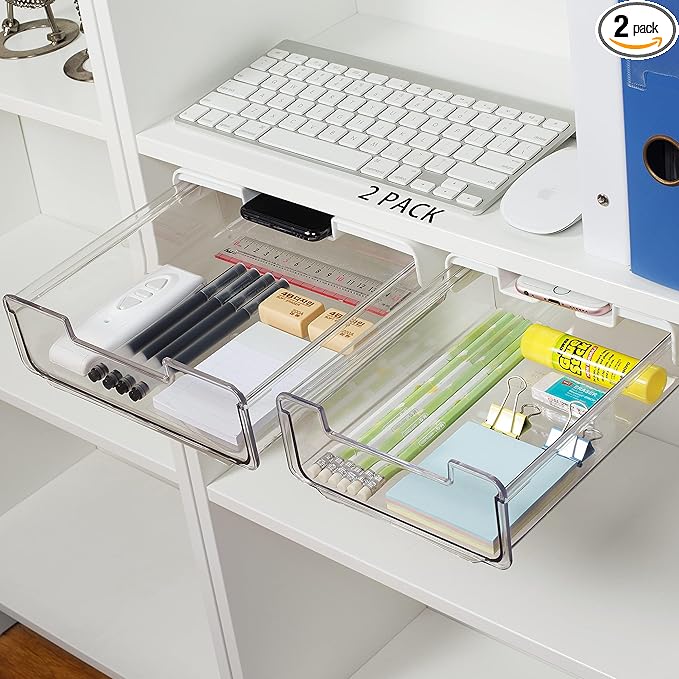 2 Pack Adhesive Under Desk Drawer Organizer Slide Out Attachment, Attachable Clear Acrylic Hidden Shelf Storage With Phone Stand, Add A Mounted Pull Out Tray For Cabinet, Table, Counter - Plastic