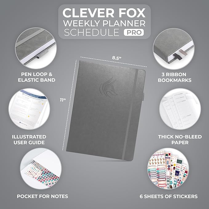 Clever Fox Planner PRO Schedule – Undated Weekly & Monthly Life Planner with Time Slots, Appointment Book & Daily Organizer, A4 (Gray)