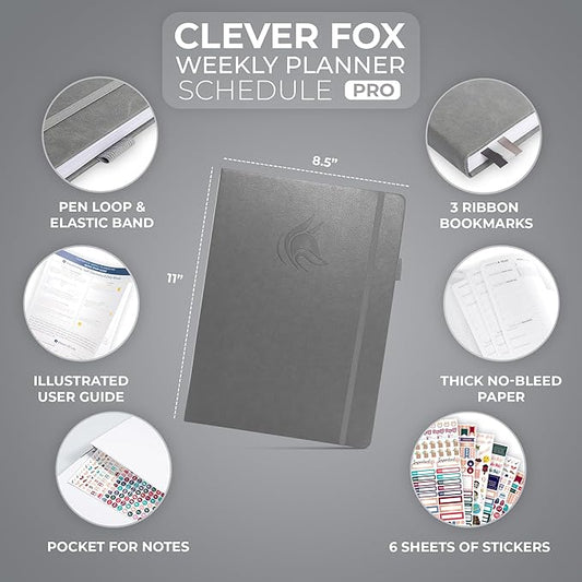Clever Fox Planner PRO Schedule – Undated Weekly & Monthly Life Planner with Time Slots, Appointment Book & Daily Organizer, A4 (Gray)