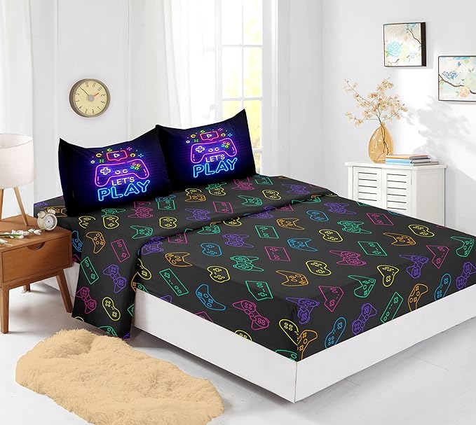 Twin Gaming Comforter Sets 6PCS, Gaming Bedding Set for Boys,Bed in a Bag with Flat Sheet and Fitted Sheet,Pillowcases,Cushions for Boys