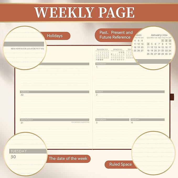 2026 Planner - 2026 Planner Weekly and Monthly, Jan.2026 - Dec.2026, 9" x 11", Weekly Monthly Planner 2026, Calendar Planner with Pen Holder + Elastic Closure + Leather Hardcover +Bookmarks - Brown