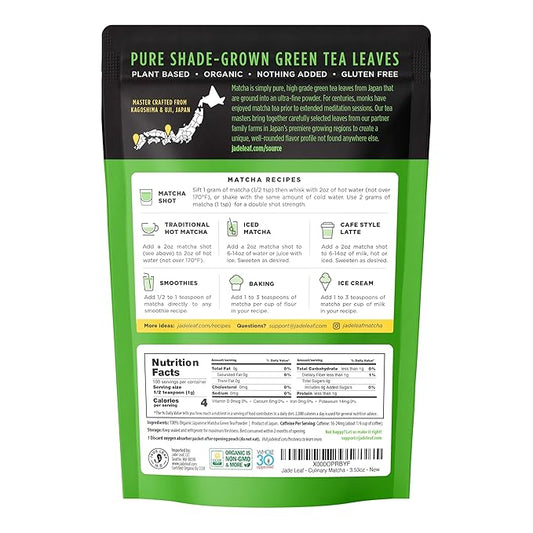 Jade Leaf Matcha Organic Culinary Grade Matcha Powder - Premium Second Harvest - Authentic Japanese Origin (3.53 Ounce Resealable Pouch)
