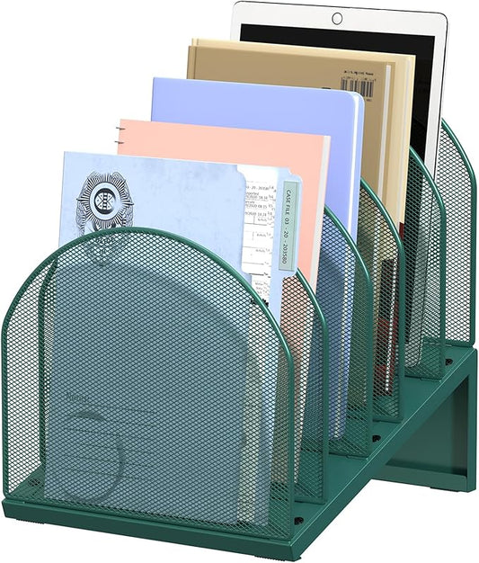5-Section Desk File Organizer, Metal Mesh Folder Organizer for Documents, Mail & Office Papers (Green)