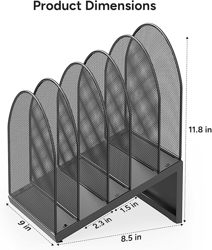 5-Section Desk File Organizer, Metal Mesh Folder Organizer for Documents, Mail & Office Papers (Black)