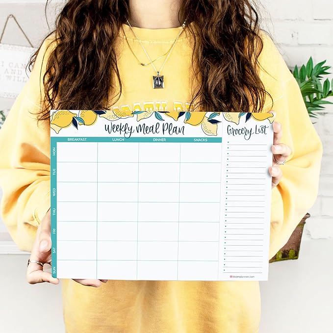 bloom daily planners Horizontal Weekly Magnetic Meal Planning Pad for Fridge with Tear-Off Grocery Shopping List - Hanging Food/Menu Organizer Notepad with Magnets - 8.5” x 11” - Lemons