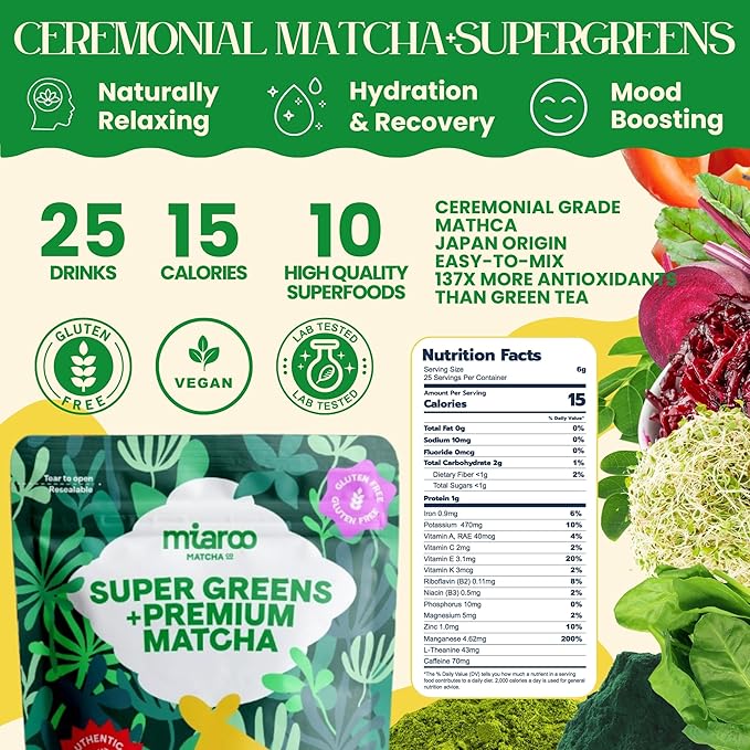 Matcha Supergreens Blend – Ceremonial Green Tea Powder with Spirulina, Alfalfa, Beets, Moringa & More | 70mg Caffeine, Zero Sugar – Functional Greens Formula (150g, 25 Servings)