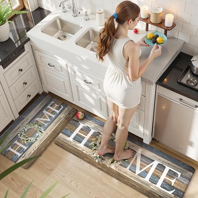 KIMODE Farmhouse Kitchen Mats for Floor 2 Piece,Cushioned Anti Fatigue Rugs Non Slip,Memory Foam Waterproof Carpet for Sink Laundry Office Bathroom,Blue 17"x47"+17"x29"