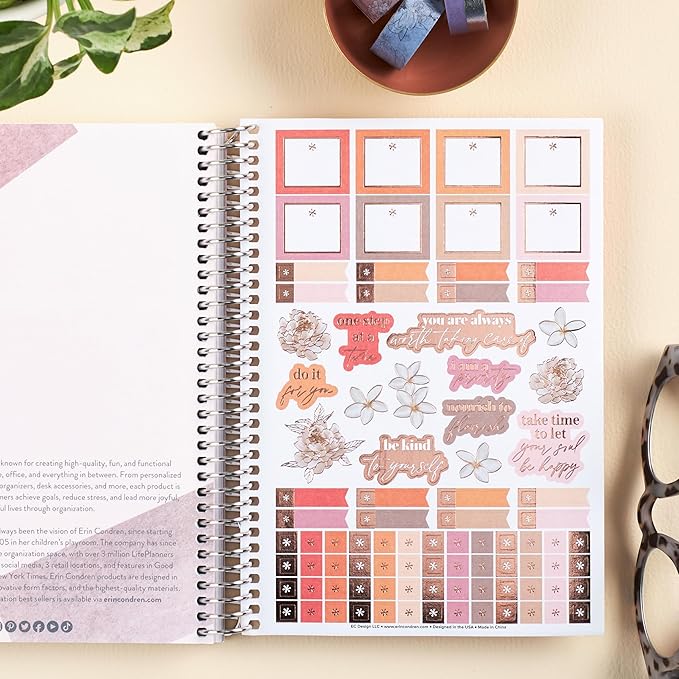 Erin Condren A5 Spiral Bound Self Care Journal Metallic Blooms. Daily Self-Care Reflection Pages. Weekly, Monthly & Quarterly Reflection. Monthly Tracker Pages. 3 Tabs. Sticker Sheet Included