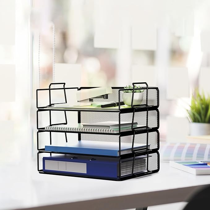 Stackable Letter Tray Paper Holder Desk Organizer for Home Office School, Black (4 Tier)