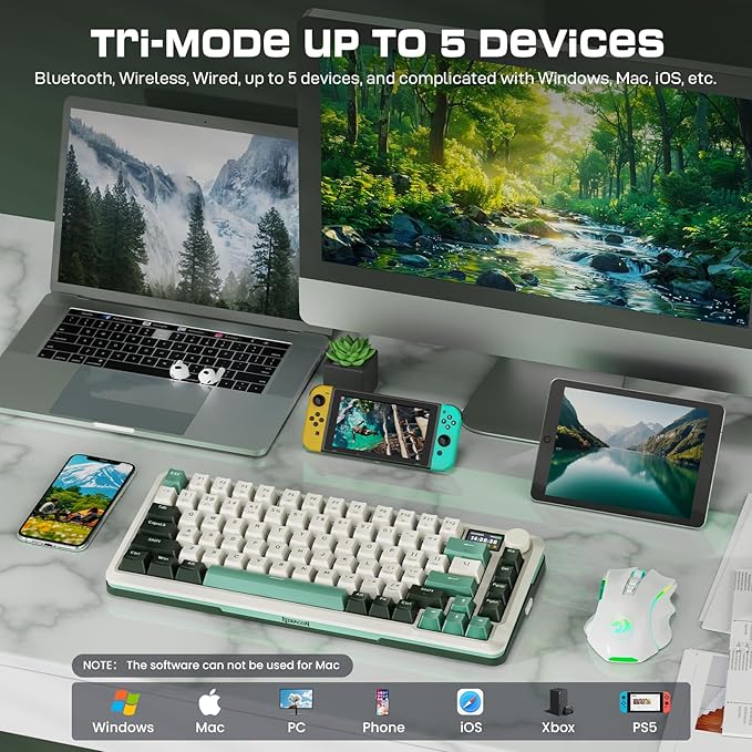 Redragon K708 Pro Wireless Mechanical Gaming Keyboard - Gasket-Mounted RGB Backlit, 81 Customizable Keys, 3-Mode (2.4G/Bluetooth/USB), Hot-Swap Pre-Lubed Switches, Screen & Control Knob - White Green