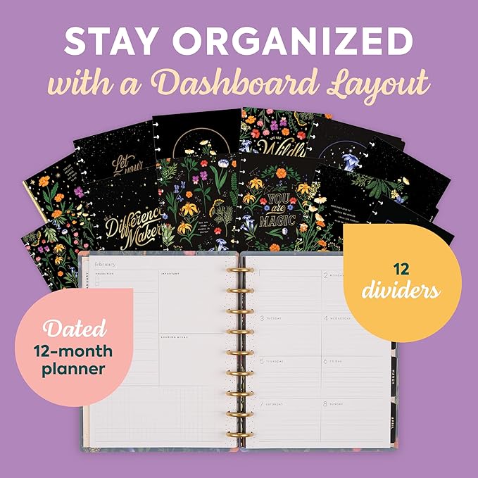Happy Planner Disc-Bound Planner Jan.–Dec. 2026, Includes 3 Extra Months and 2 Sticker Sheets, Classic Size, 7" x 9.25", Dashboard Layout, Grounded Magic