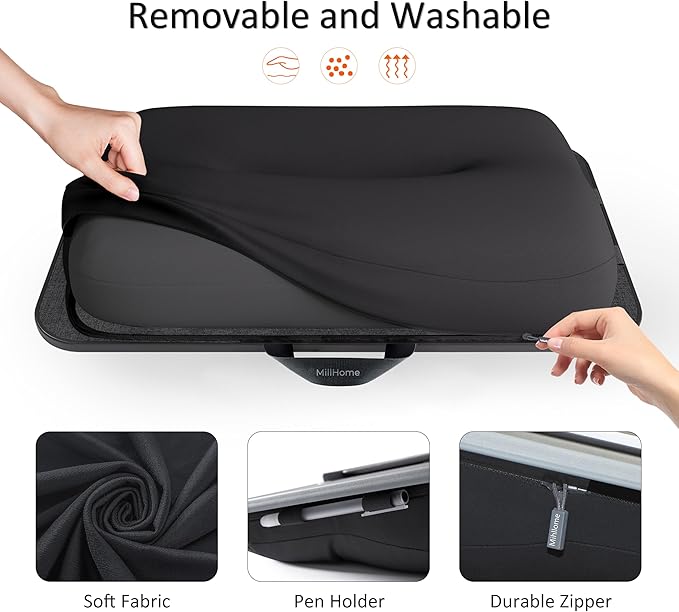 Lap Desk, Lap Desk with Cushion, Fits up to 17 inch Laptop, Pillow Designed, Portable Laptop Stand with Tray, Pad & Phone Holder, Home Office for Bed/Couch/Car/Reading/Writing,MillHome (Black)