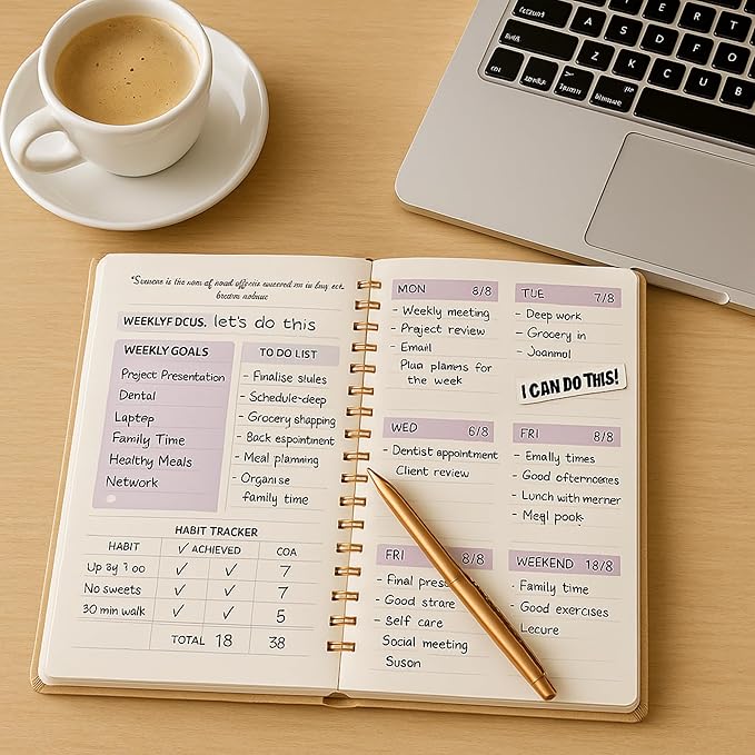 A5 Leather Planner & Journal Gift Set – Undated Weekly Spiral Notebook with Pen, Stickers & Box – Goal & Habit Tracker, Productivity Planner for Women & Men 5.8" x 8.0"