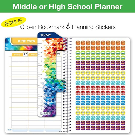 Global Datebooks Dated Middle School or High School Student Planner for Academic Year 2025-2026 Includes Ruler/Bookmark and Planning Stickers (Matrix Style - 5.5"x8.5" - Halftone Blue)