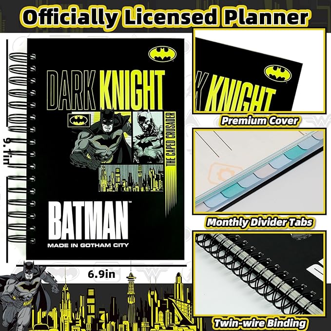Hardcover Spiral Notebook Journal with 12 Dividers Tabs Weekly&Monthly Planner Productivity Journal Superhero Theme Leather Organizer for Work School Adults Teens and Professionals (BATM-BLACKYELLOW)