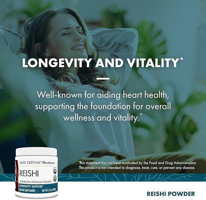 Host Defense Reishi Powder - Mushroom Mycelium Powder - Heart & Immune Health Support Supplement - Mushroom Supplement to Support Energy & Vitality - Aids Overall Well-Being - 3.5 oz (66 Servings)*